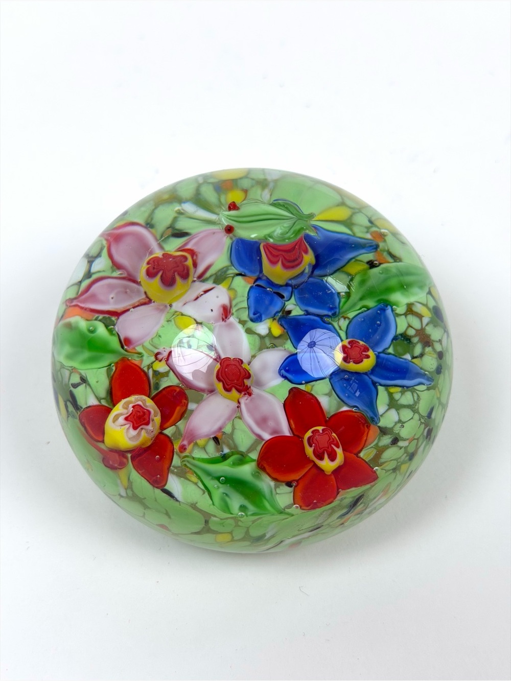 Vintage Art Glass Paperweight With Colorful Flowers And a Green Frog Round